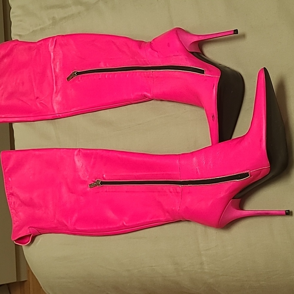 Over The Knee Hot Pink Genuine Leather Stiletto Boots 5-in Heel Read Description - Picture 7 of 17